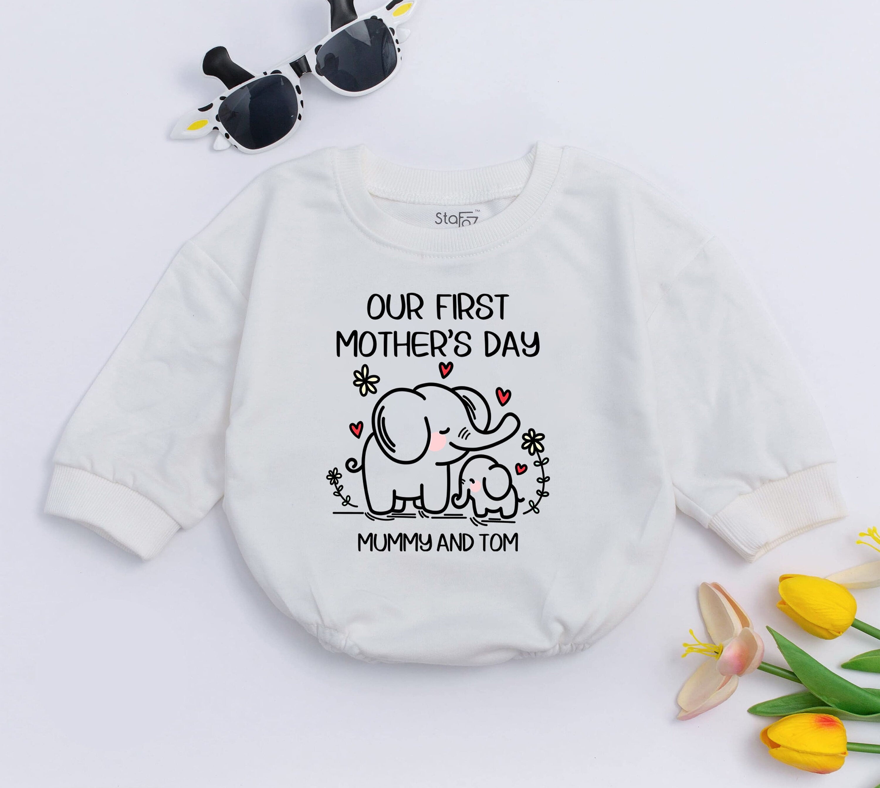 Personalized Baby Romper for Mother's Day Cute Elephant Design Newborn Gift Soft Cotton Our First Mother's Day Outfit Mummy and Tom Keepsake