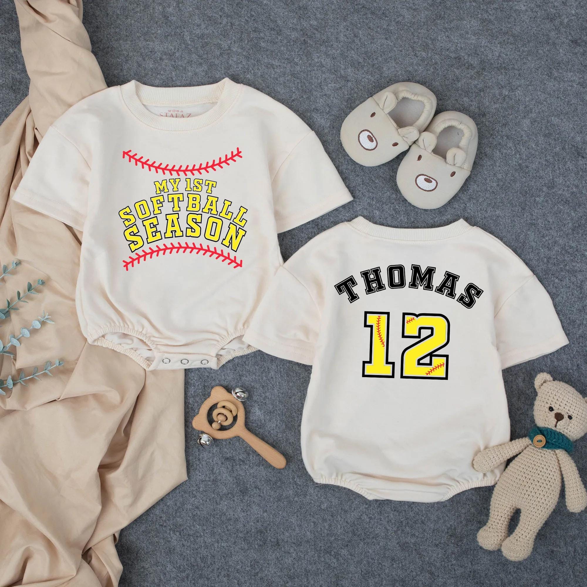 Personalized Baby Romper My 1st Softball Season Thomas Style Summer Outfit Sporty Soft Cotton Playful Design for Game Day Fun