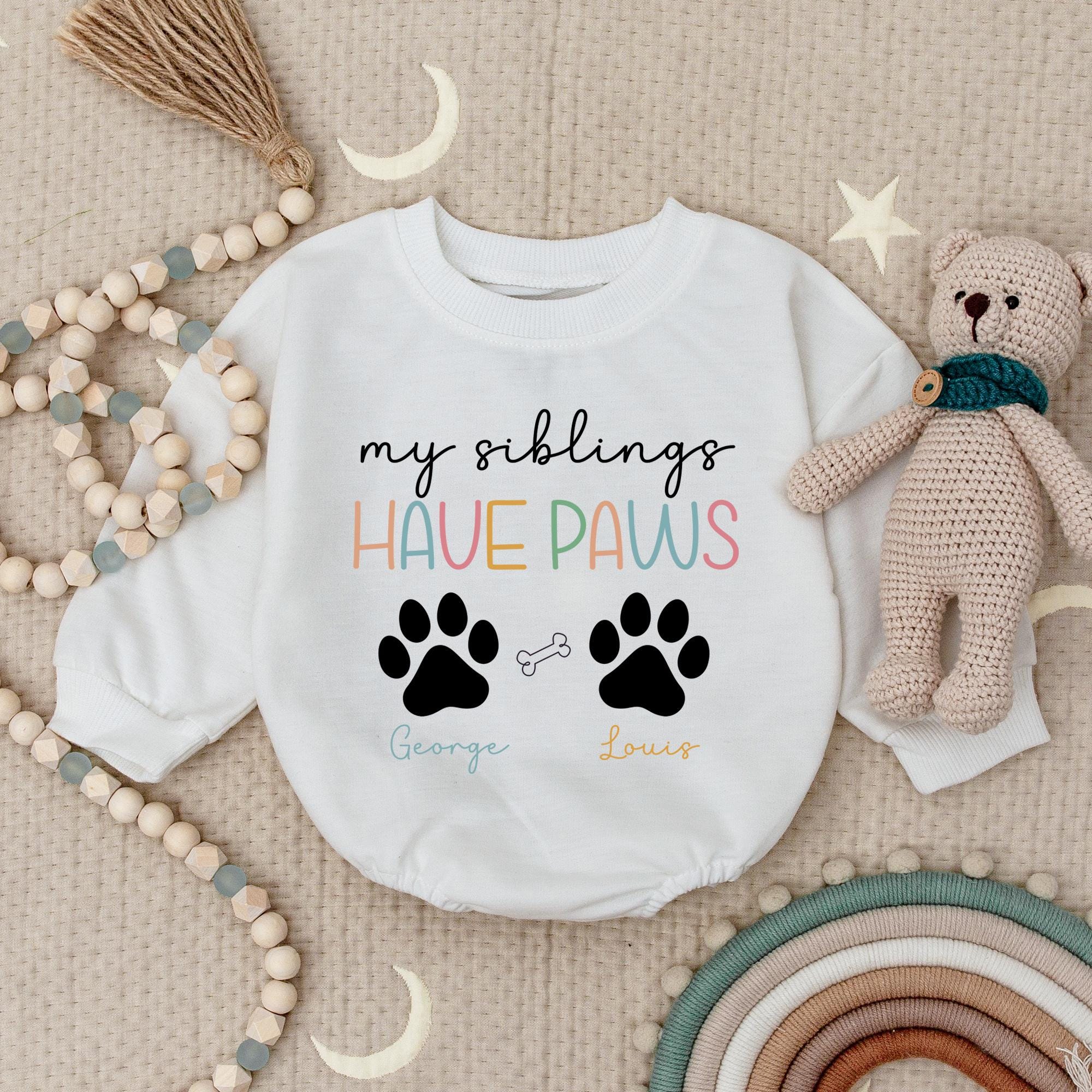 Personalized Baby Romper with 'My Siblings Have Paws' Design Custom Paw Prints Cute Gift for Dog Lovers Soft Cotton Infant Bodysuit