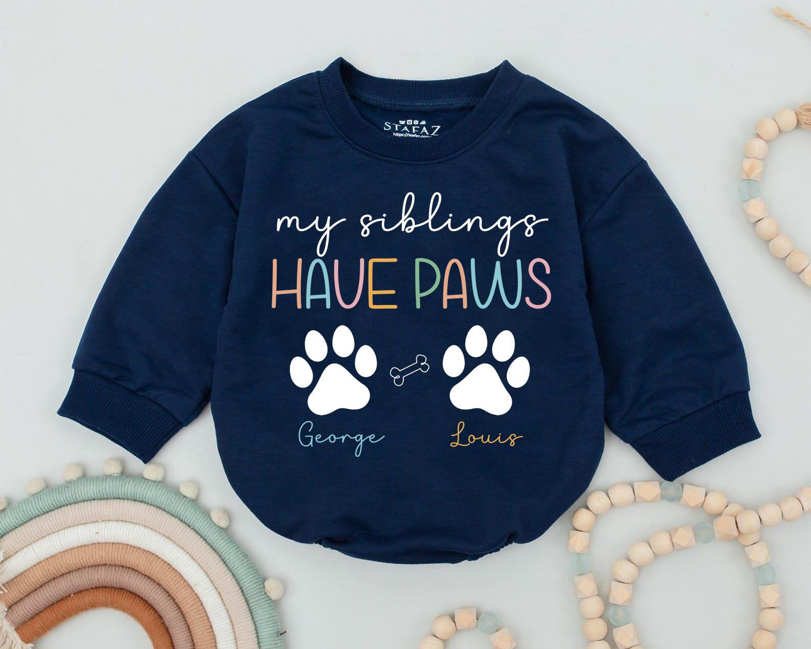 Personalized Baby Romper with 'My Siblings Have Paws' Design Custom Paw Prints Cute Gift for Dog Lovers Soft Cotton Infant Bodysuit