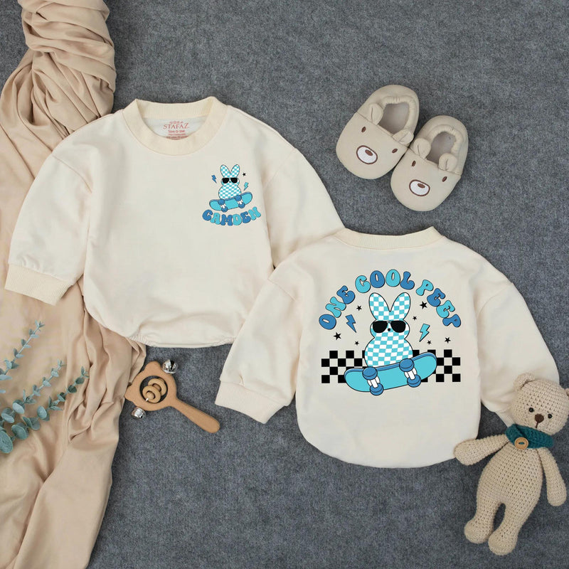 Personalized Baby Romper with 'One Cool Peep' Bunny Artwork, Soft Cotton Bodysuit for Easter, First Birthday, Toddler Milestone Outfit