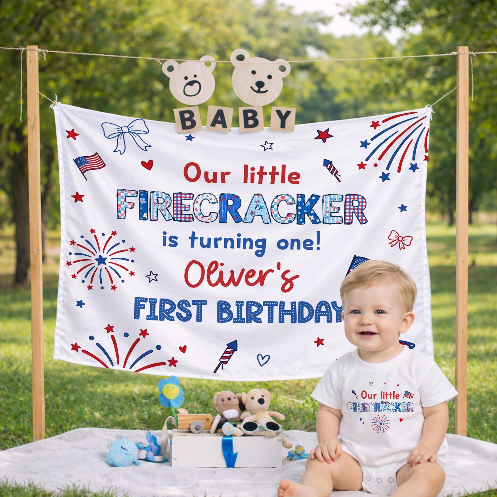 Personalized Baby Romper Patriotic Firecracker Design for 4th of July Birthday, Custom Red White Blue Outfit for Toddler or Infant