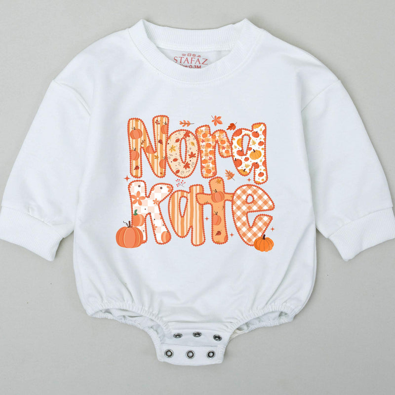 Personalized Baby Romper with Pumpkin and Fall Motif, Custom Name Design, Long Sleeve Thanksgiving Outfit for Newborns and Toddlers