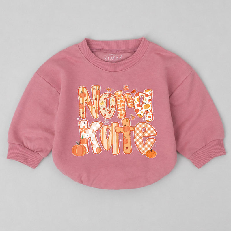 Personalized Baby Romper with Pumpkin and Fall Motif, Custom Name Design, Long Sleeve Thanksgiving Outfit for Newborns and Toddlers