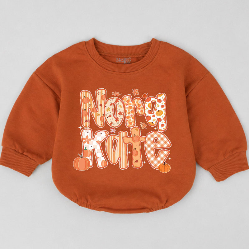 Personalized Baby Romper with Pumpkin and Fall Motif, Custom Name Design, Long Sleeve Thanksgiving Outfit for Newborns and Toddlers