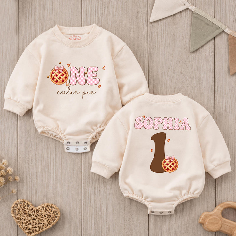 Personalized Baby Romper with Pumpkin Pie Artwork, Soft Cotton Thanksgiving First Birthday Outfit for Girls, Custom Name Cake Smash