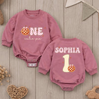 Personalized Baby Romper with Pumpkin Pie Artwork, Soft Cotton Thanksgiving First Birthday Outfit for Girls, Custom Name Cake Smash