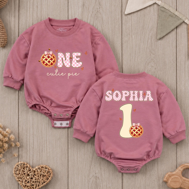 Personalized Baby Romper with Pumpkin Pie Artwork, Soft Cotton Thanksgiving First Birthday Outfit for Girls, Custom Name Cake Smash