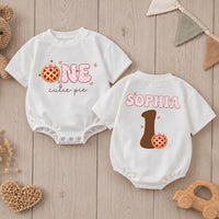 Personalized Baby Romper with Pumpkin Pie Artwork, Soft Cotton Thanksgiving First Birthday Outfit for Girls, Custom Name Cake Smash