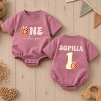 Personalized Baby Romper with Pumpkin Pie Artwork, Soft Cotton Thanksgiving First Birthday Outfit for Girls, Custom Name Cake Smash