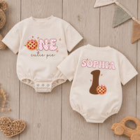 Personalized Baby Romper with Pumpkin Pie Artwork, Soft Cotton Thanksgiving First Birthday Outfit for Girls, Custom Name Cake Smash
