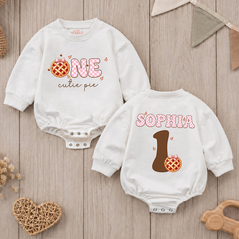 Personalized Baby Romper with Pumpkin Pie Artwork, Soft Cotton Thanksgiving First Birthday Outfit for Girls, Custom Name Cake Smash