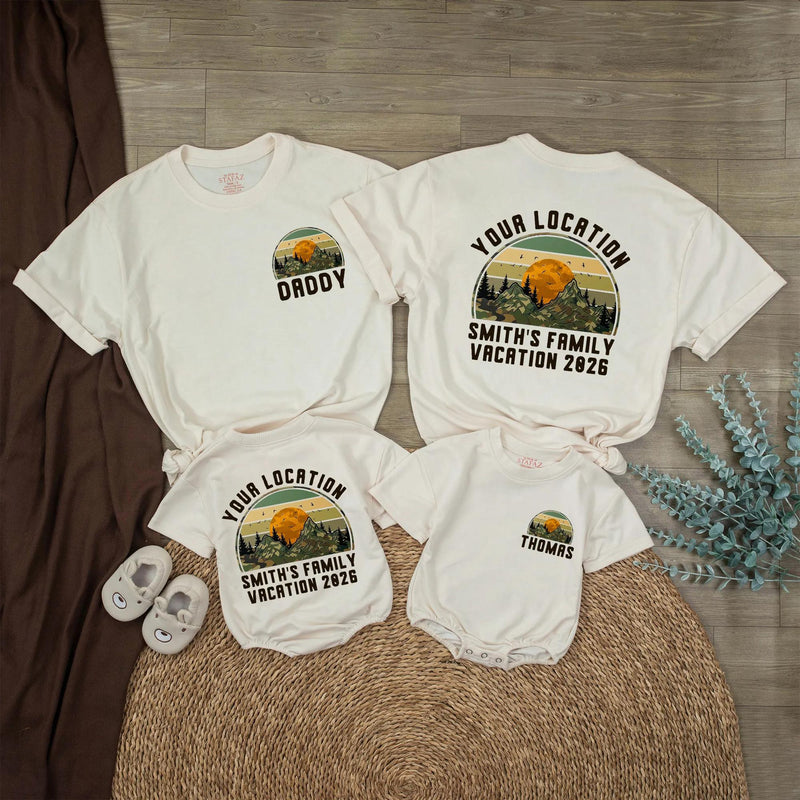 Personalized Baby Romper Retro Mountain Sunset Family Vacation Outfit Custom Names National Park Design Soft Cotton Gift Idea