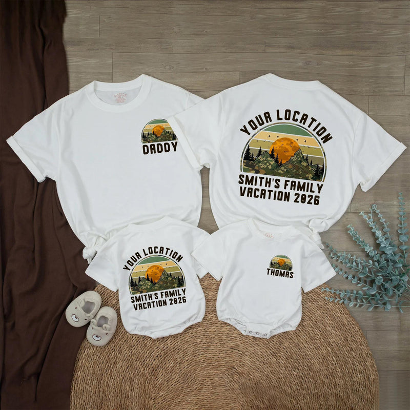 Personalized Baby Romper Retro Mountain Sunset Family Vacation Outfit Custom Names National Park Design Soft Cotton Gift Idea