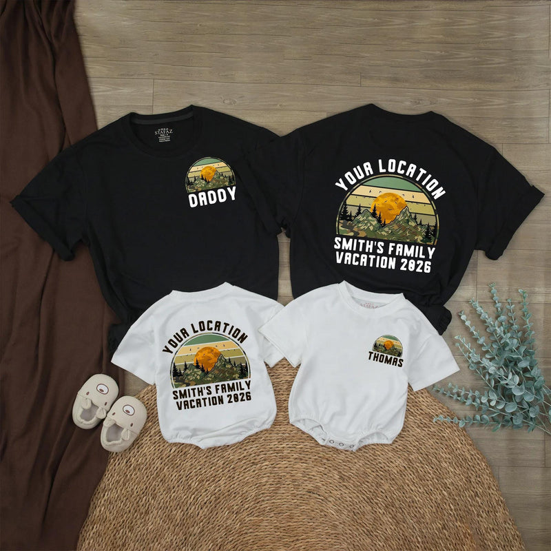 Personalized Baby Romper Retro Mountain Sunset Family Vacation Outfit Custom Names National Park Design Soft Cotton Gift Idea