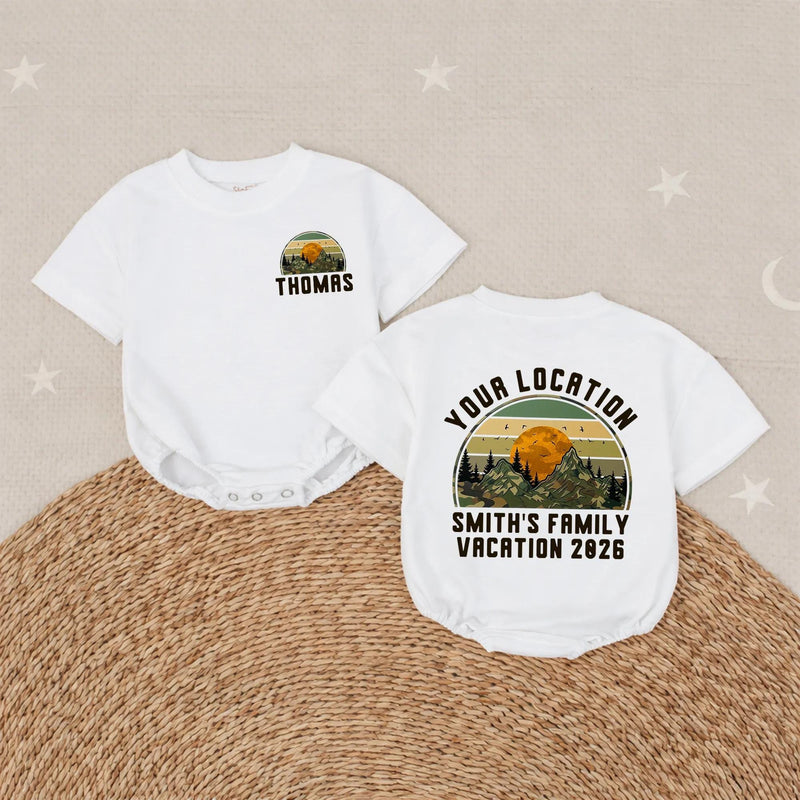 Personalized Baby Romper Retro Mountain Sunset Family Vacation Outfit Custom Names National Park Design Soft Cotton Gift Idea