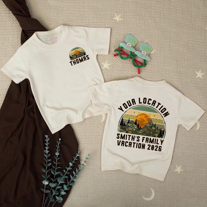 Personalized Baby Romper Retro Mountain Sunset Family Vacation Outfit Custom Names National Park Design Soft Cotton Gift Idea