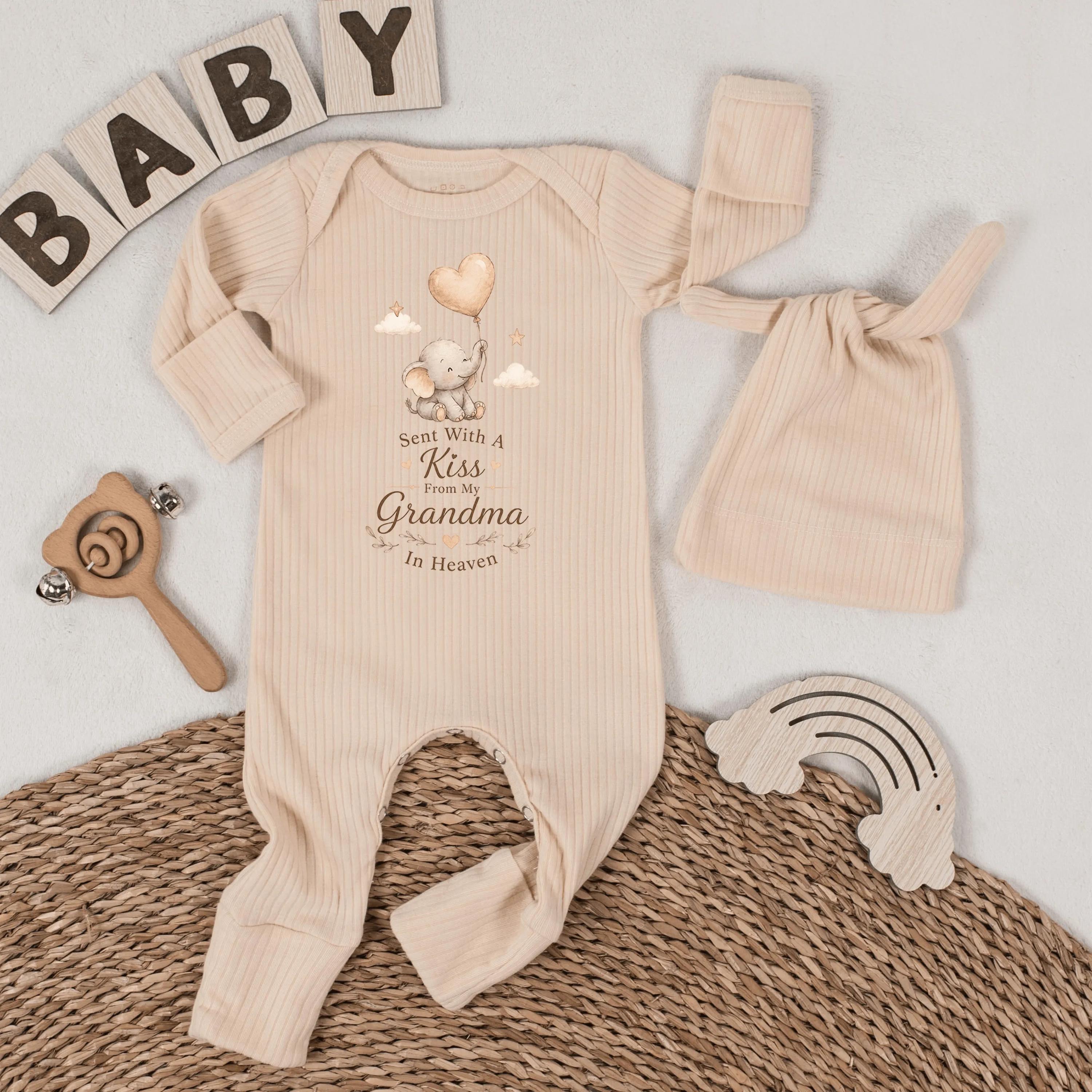 Personalized Baby Romper with 'Sent With A Kiss From Grandma In Heaven' Design, Soft Cotton, Newborn Outfit, Memorial Gift, Unisex Bodysuit