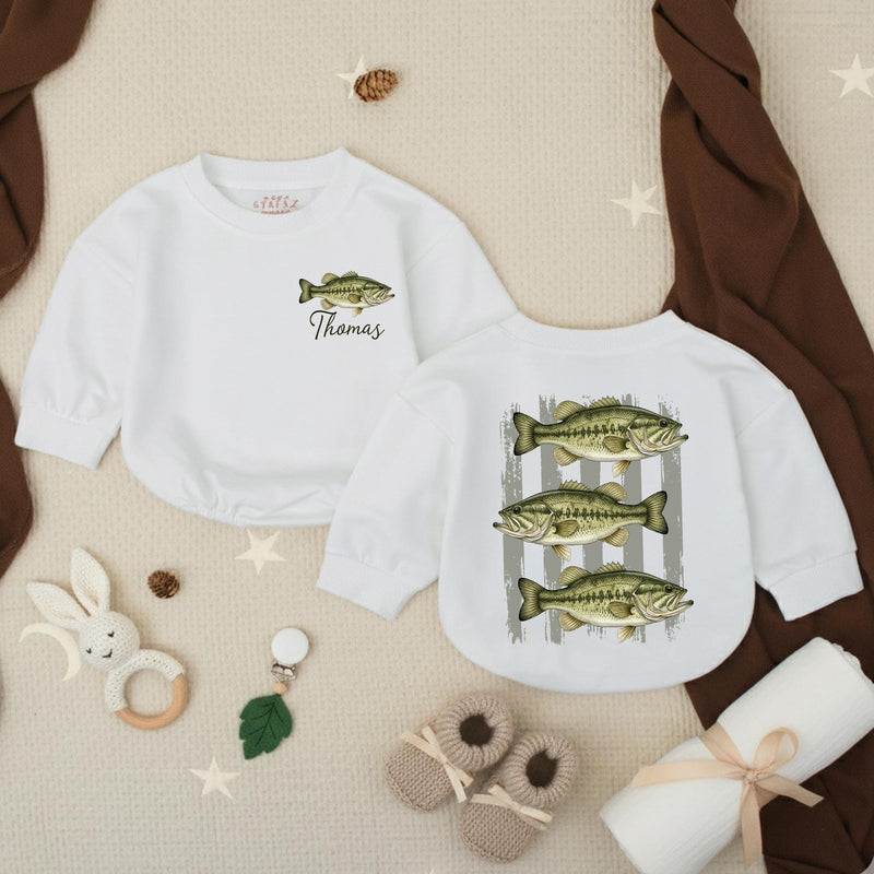 Personalized Baby Romper with Vintage Largemouth Bass Artwork, Custom Name Outfit for Matching Family, Soft Cotton for Special Occasions