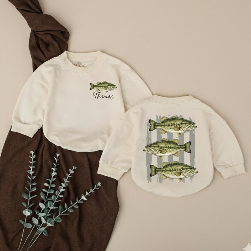 Personalized Baby Romper with Vintage Largemouth Bass Artwork, Custom Name Outfit for Matching Family, Soft Cotton for Special Occasions