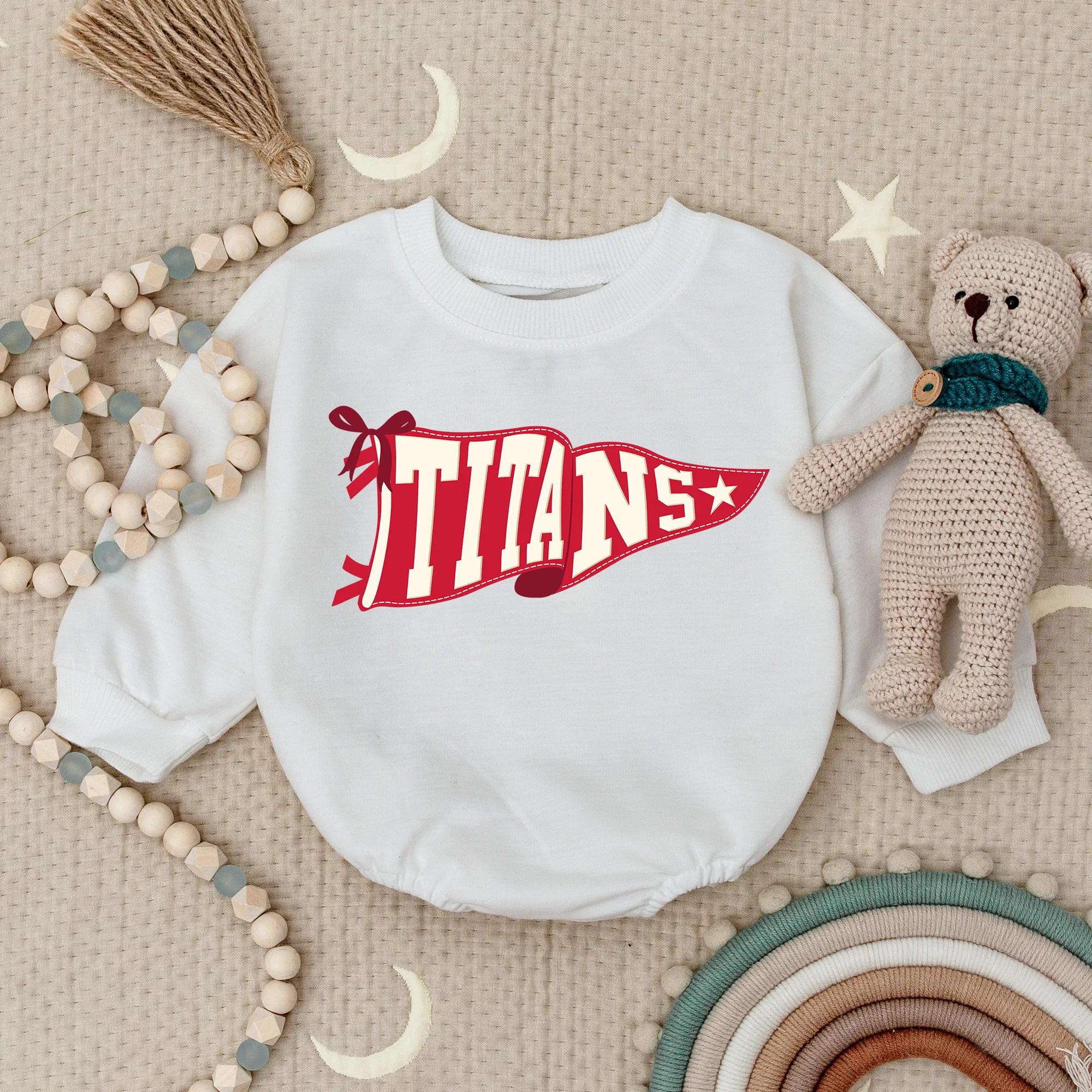 Personalized Baby Romper with Vintage Maroon Pennant Flag Design, Soft Cotton School Spirit Outfit for Infant or Toddler Girls and Boys