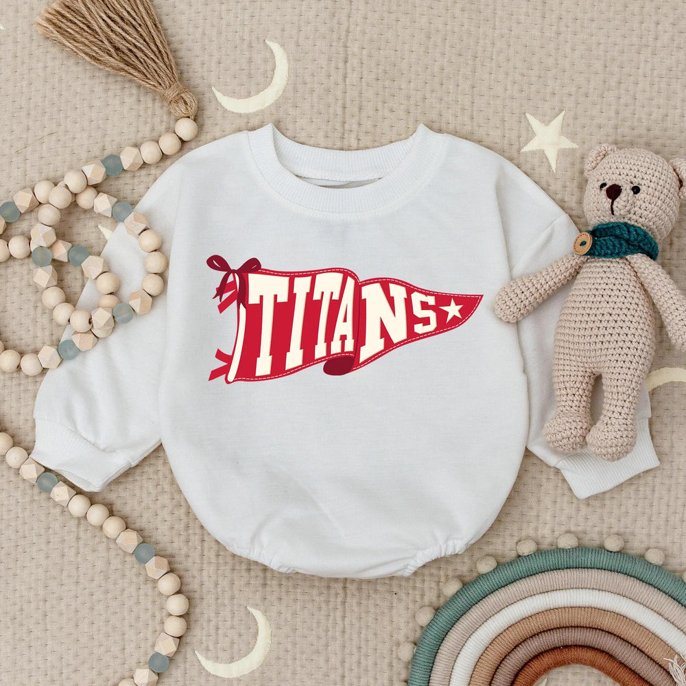 Personalized Baby Romper with Vintage Maroon Pennant Flag Design, Soft Cotton School Spirit Outfit for Infant or Toddler Girls and Boys