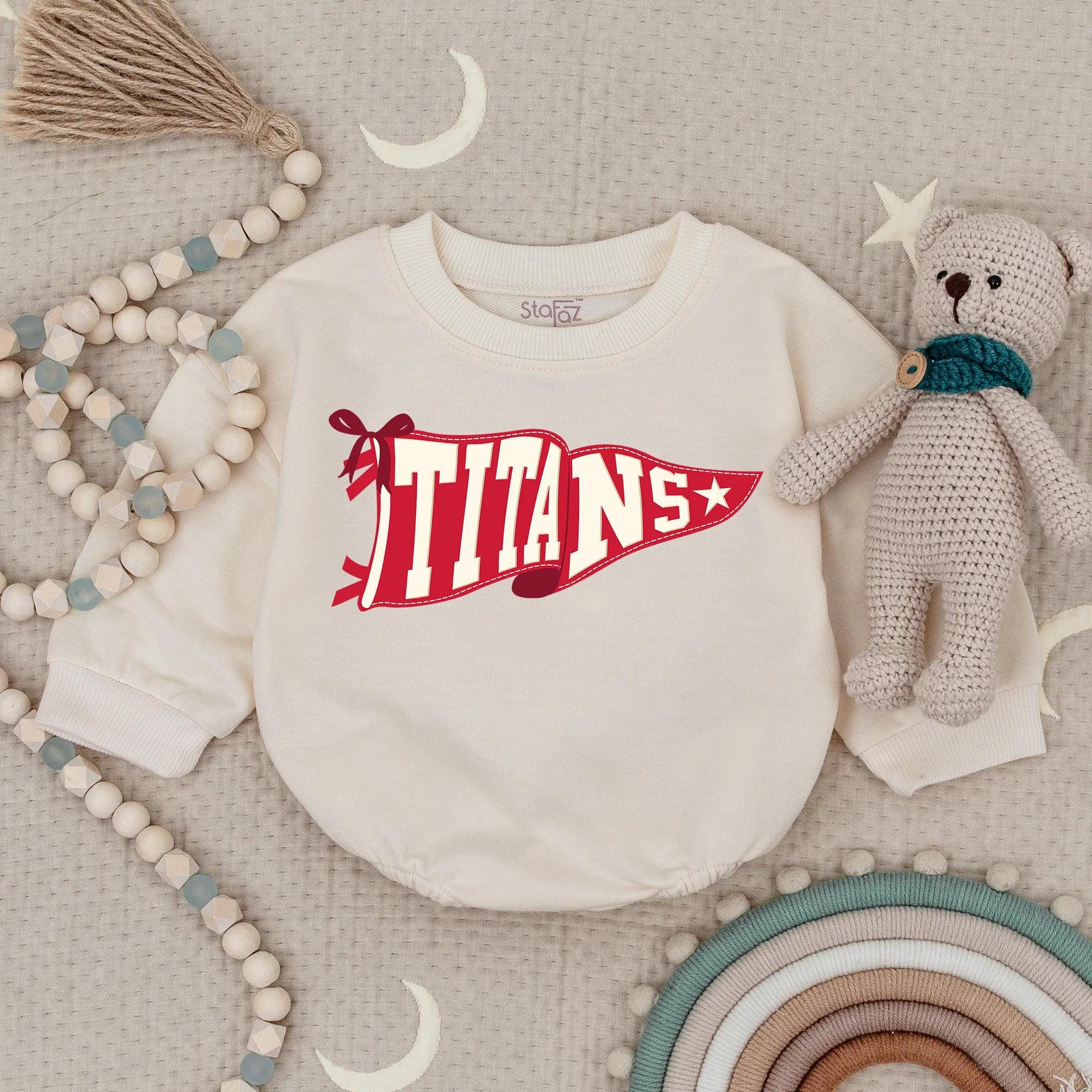Personalized Baby Romper with Vintage Maroon Pennant Flag Design, Soft Cotton School Spirit Outfit for Infant or Toddler Girls and Boys