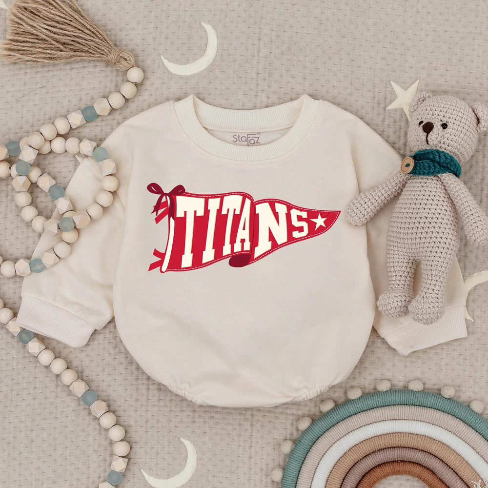 Personalized Baby Romper with Vintage Maroon Pennant Flag Design, Soft Cotton School Spirit Outfit for Infant or Toddler Girls and Boys