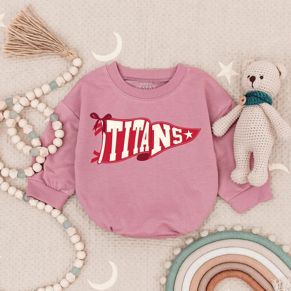 Personalized Baby Romper with Vintage Maroon Pennant Flag Design, Soft Cotton School Spirit Outfit for Infant or Toddler Girls and Boys