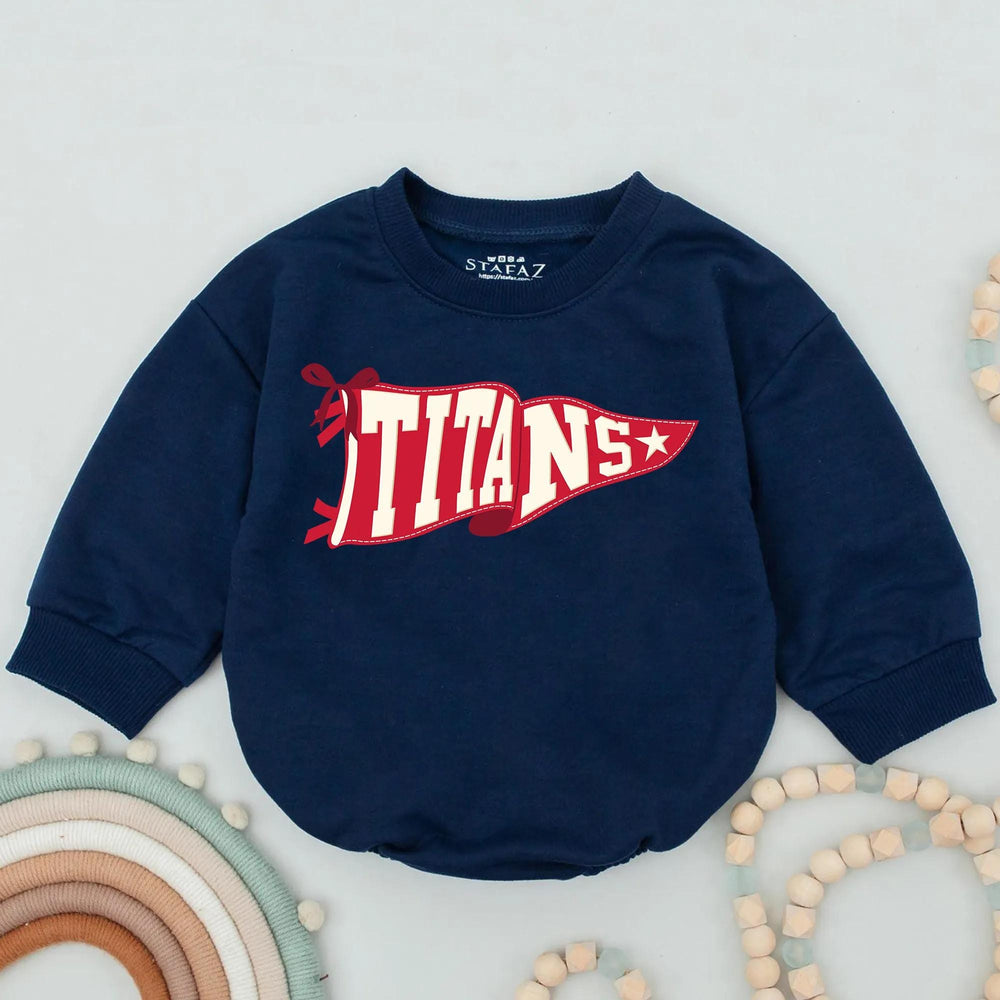 Personalized Baby Romper with Vintage Maroon Pennant Flag Design, Soft Cotton School Spirit Outfit for Infant or Toddler Girls and Boys