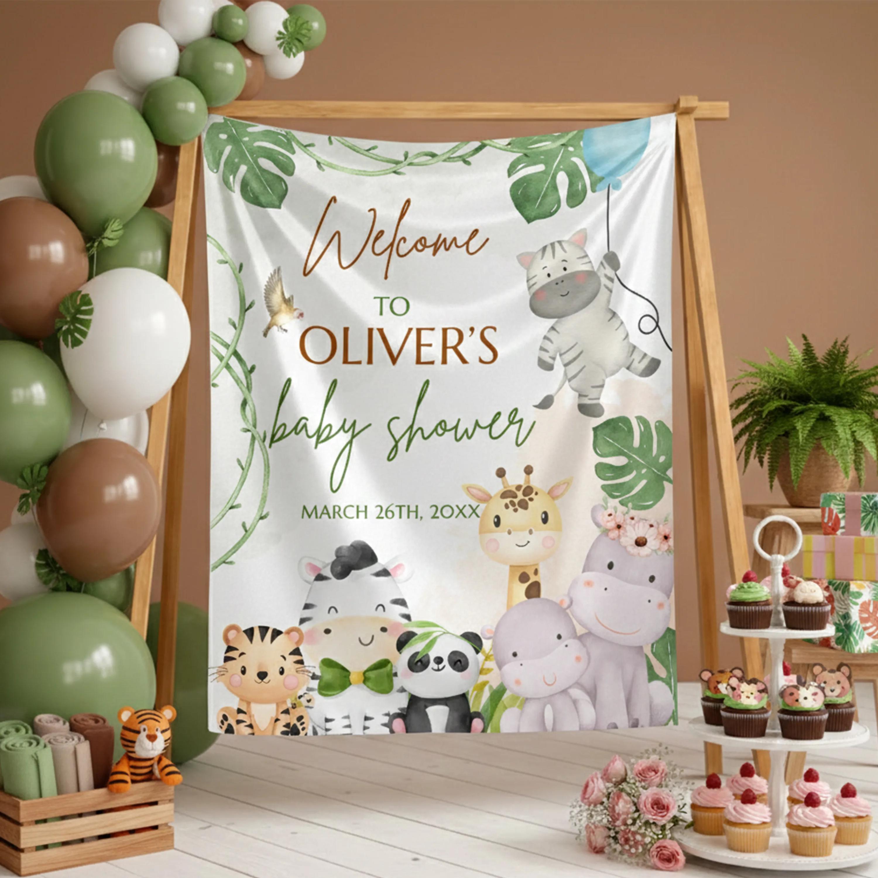 Personalized Baby Safari Animals Jungle Baby Shower Silk Welcome Sign with Tropical Greenery Design and Custom Name and Date