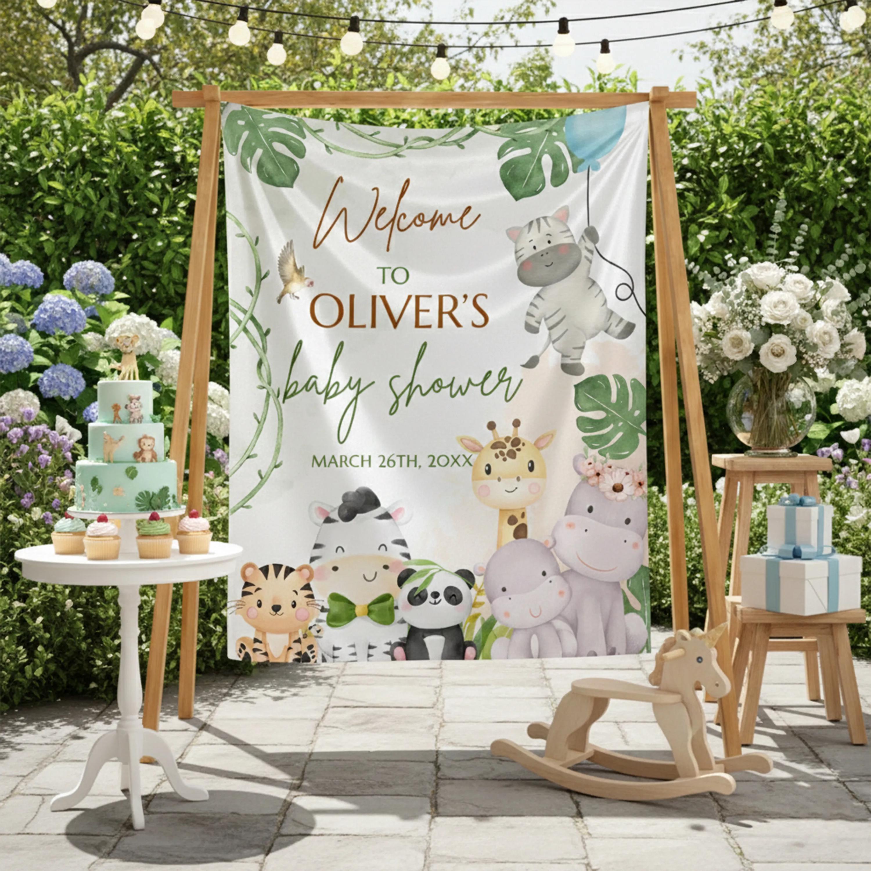Personalized Baby Safari Animals Jungle Baby Shower Silk Welcome Sign with Tropical Greenery Design and Custom Name and Date