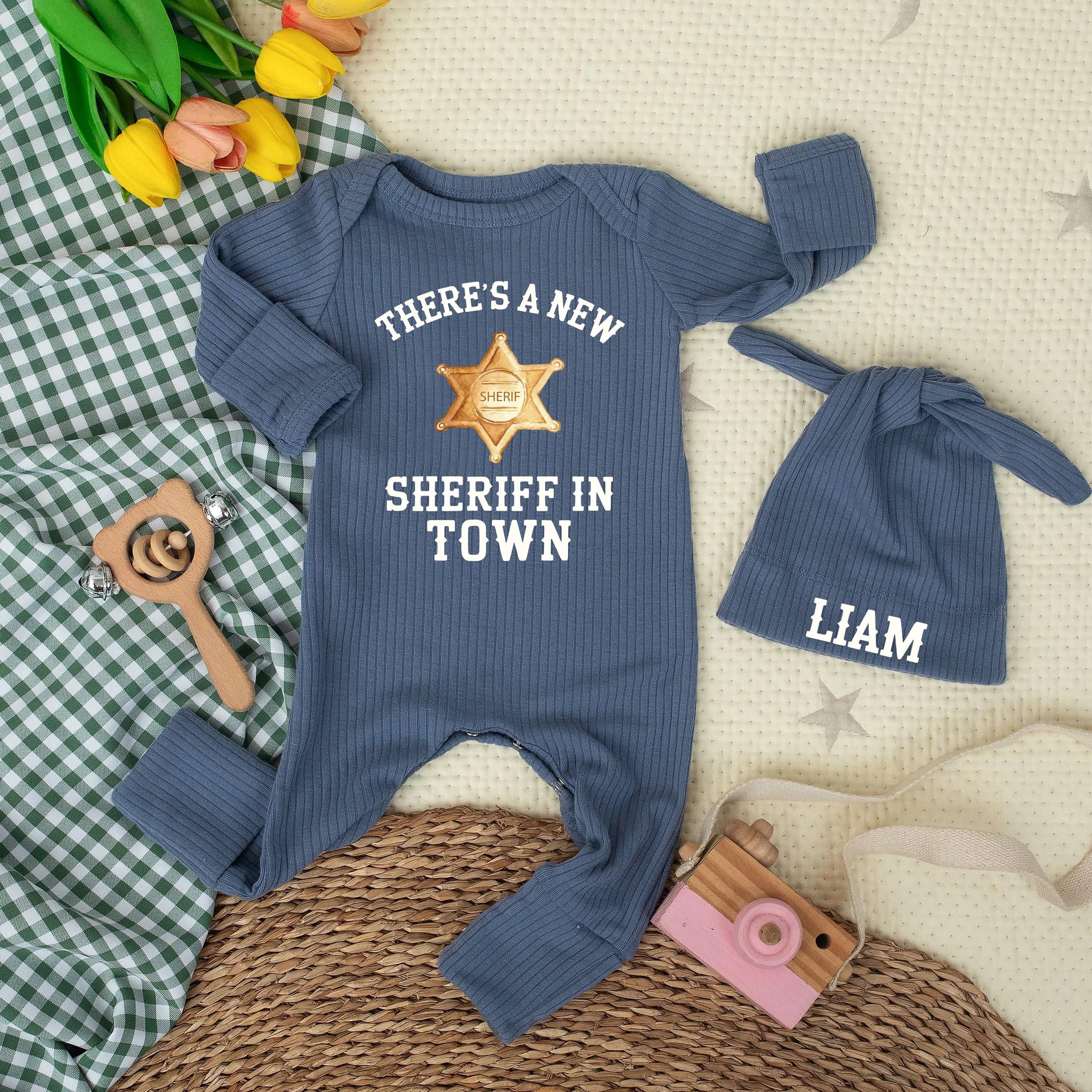 Personalized Baby Sheriff Bodysuit with Custom Name Hat, Western Outfit for Newborns, Soft Cotton Coming Home or Gift Idea