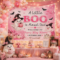 Personalized Baby Shower Backdrop with Ghosts Witch Hats Pumpkin Design Pink Watercolor Floral Halloween Party Decor Custom Name Date