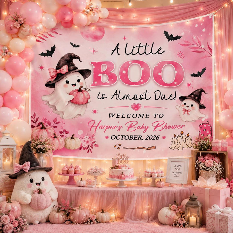 Personalized Baby Shower Backdrop with Ghosts Witch Hats Pumpkin Design Pink Watercolor Floral Halloween Party Decor Custom Name Date