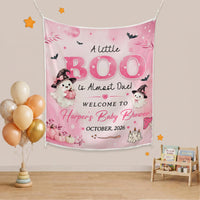 Personalized Baby Shower Backdrop with Ghosts Witch Hats Pumpkin Design Pink Watercolor Floral Halloween Party Decor Custom Name Date