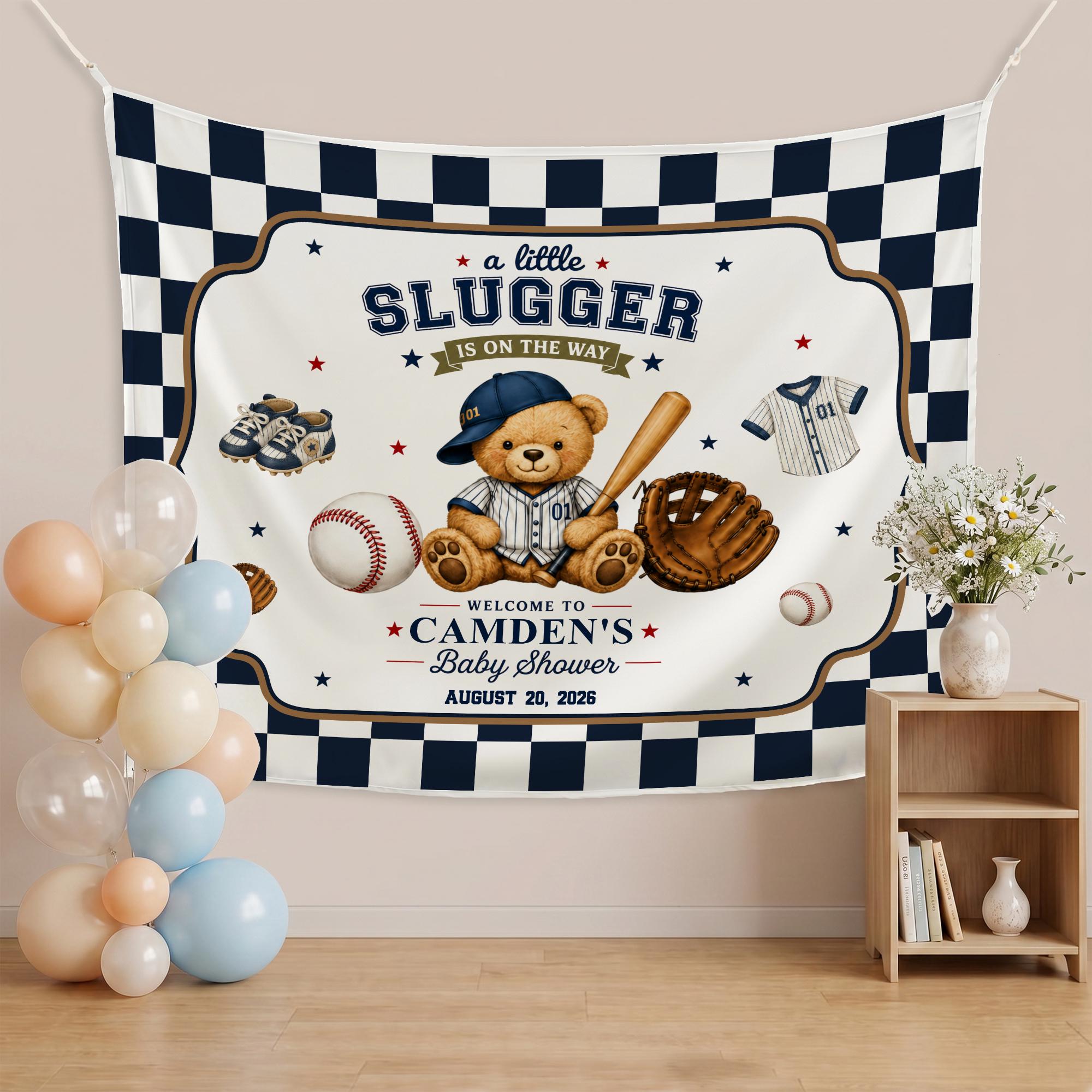 Personalized Baby Shower Banner with Teddy Bear in Navy Cap, Little Rookie Sports Backdrop, Custom Slugger Party Decor for Baby Boys