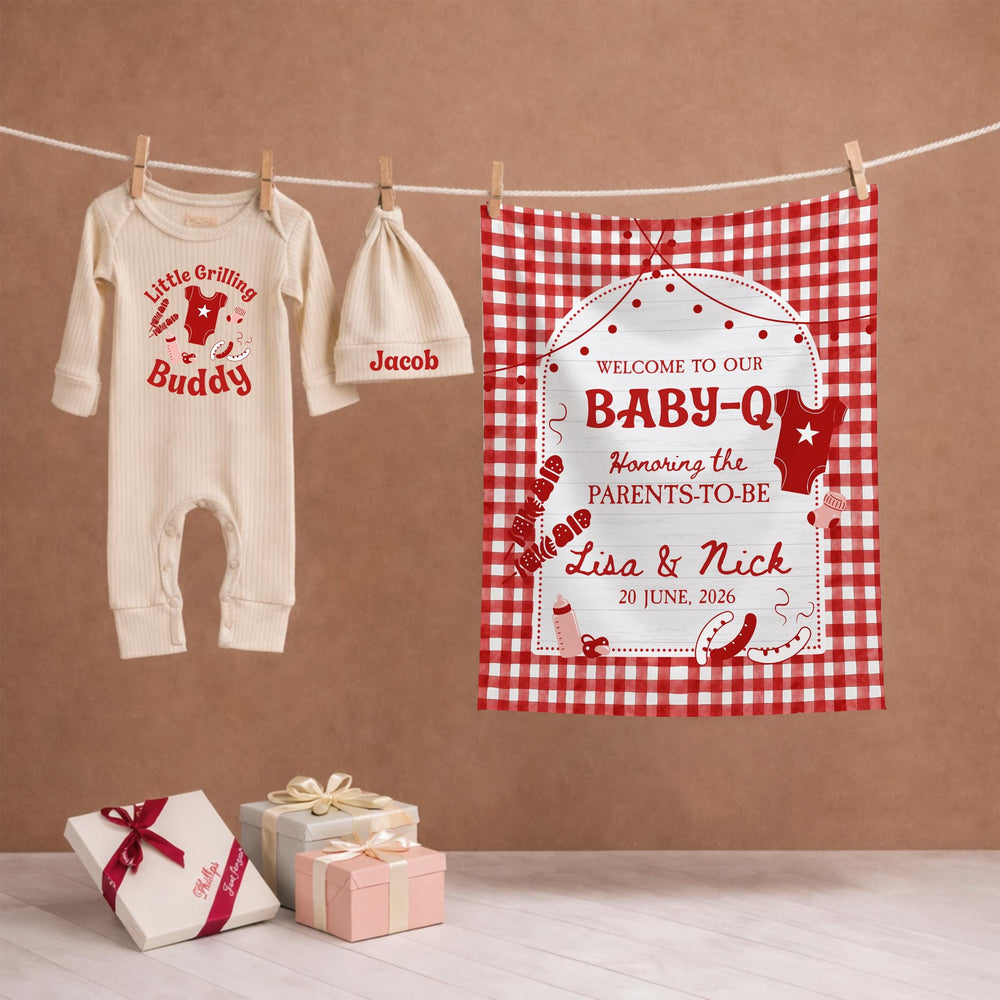 Personalized Baby Q Shower Set with Little Grilling Buddy Bodysuit and Sign Adorable BBQ Baby Shower Gift for Summer Party Decor