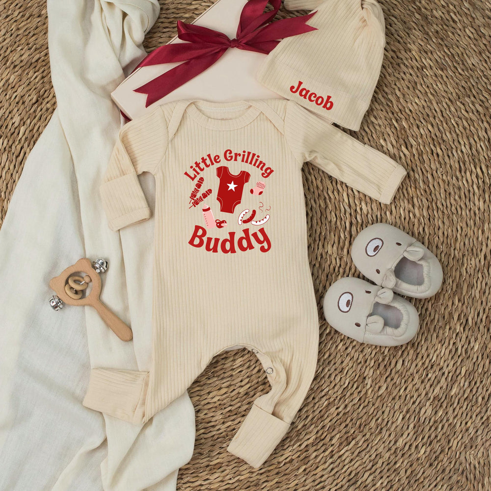 Personalized Baby Q Shower Set with Little Grilling Buddy Bodysuit and Sign Adorable BBQ Baby Shower Gift for Summer Party Decor