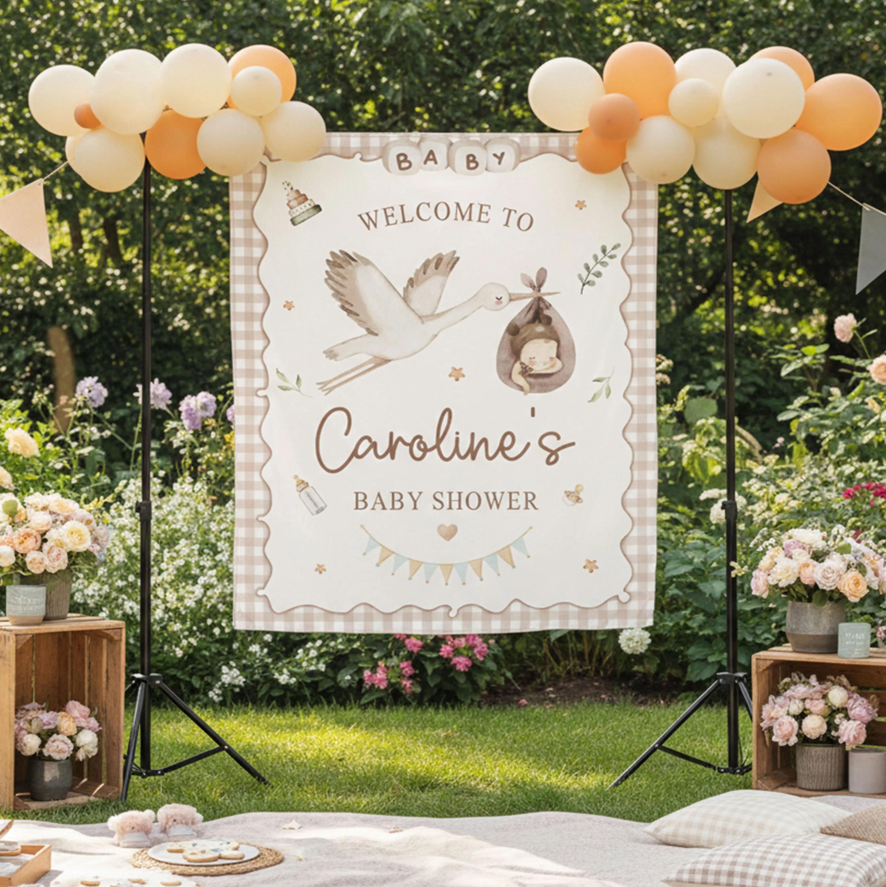 Personalized Baby Shower Silk Banner with Custom Name Cream Watercolor Stork Design Gender Neutral Gingham Backdrop Party Decoration