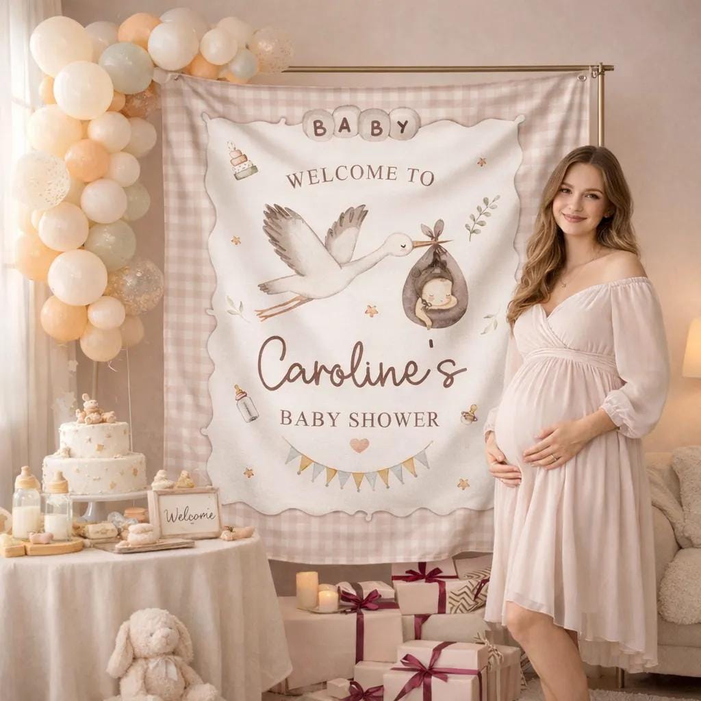 Personalized Baby Shower Silk Banner with Custom Name Cream Watercolor Stork Design Gender Neutral Gingham Backdrop Party Decoration