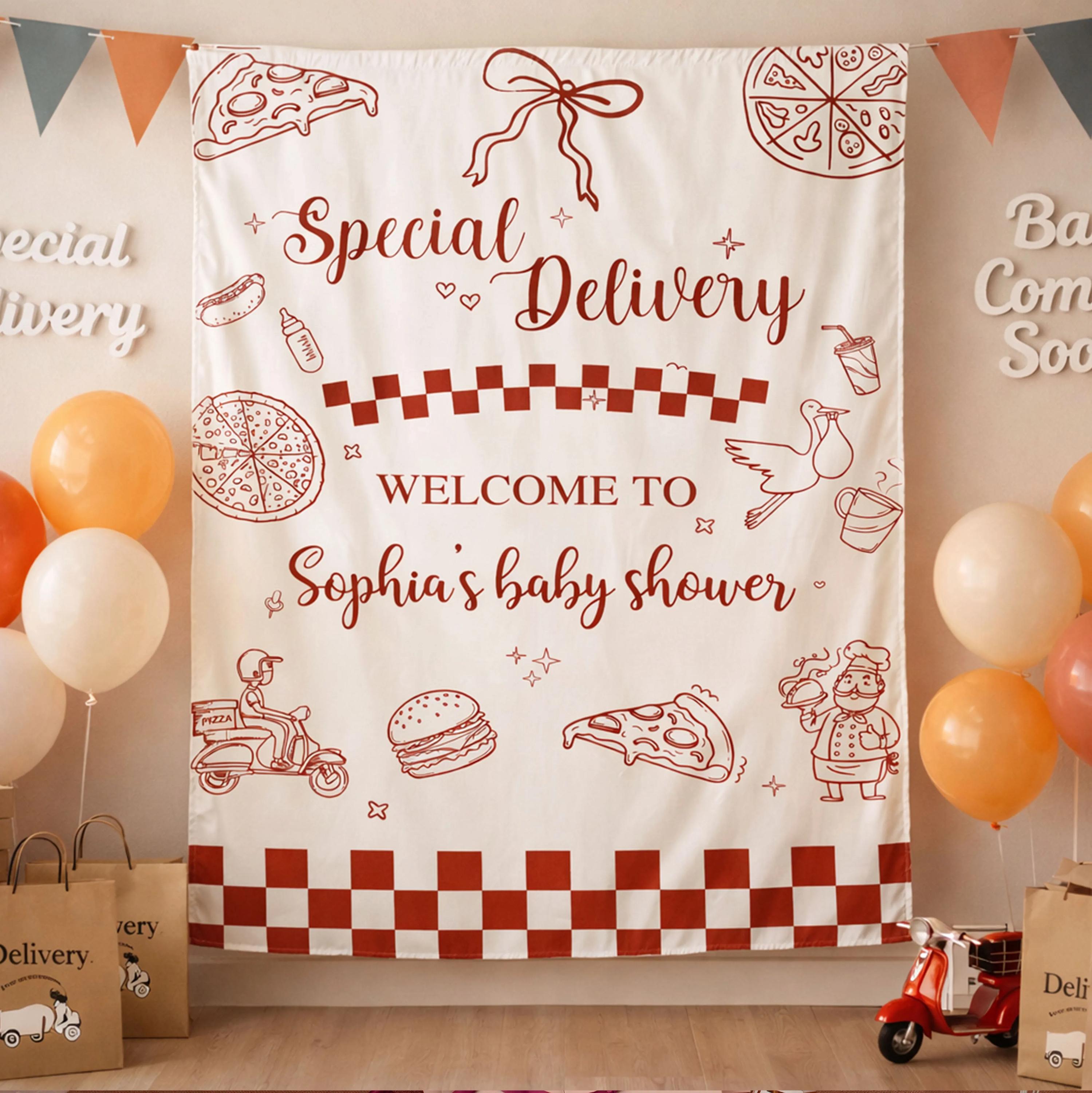 Personalized Baby Shower Silk Banner with Hand Drawn Reddish-Brown Pizza Design Custom Party Backdrop Slice Slice Baby Decor Gift