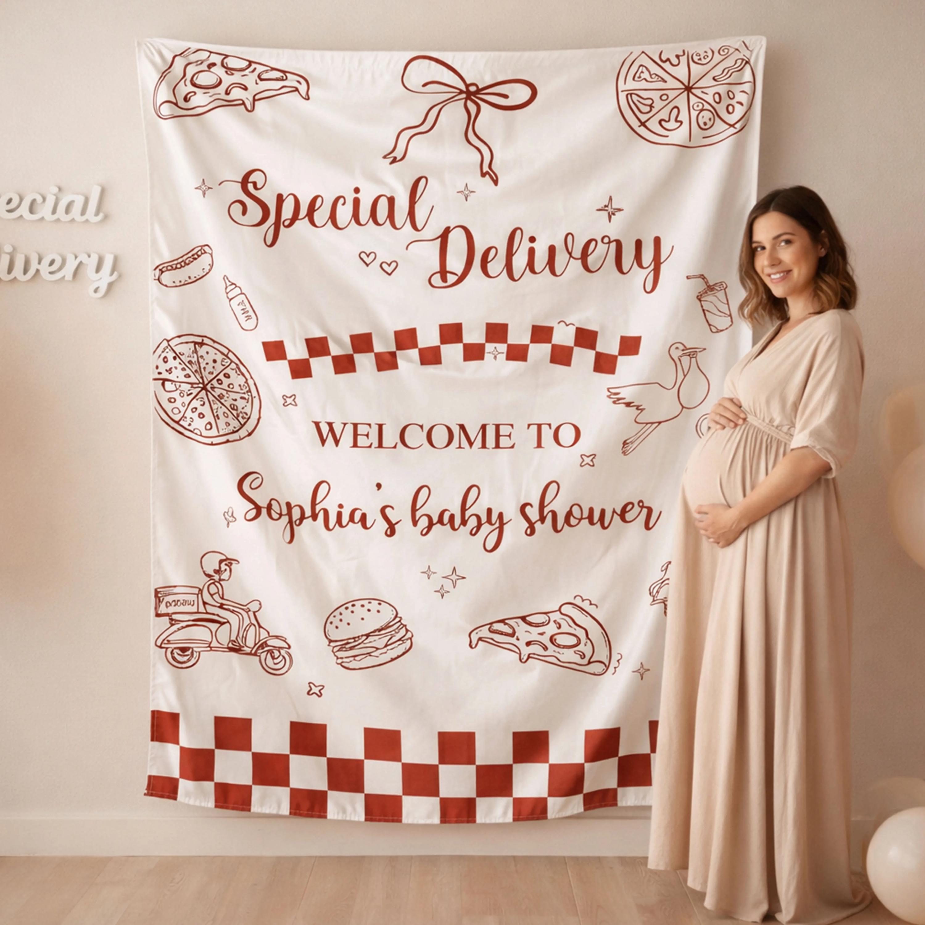 Personalized Baby Shower Silk Banner with Hand Drawn Reddish-Brown Pizza Design Custom Party Backdrop Slice Slice Baby Decor Gift