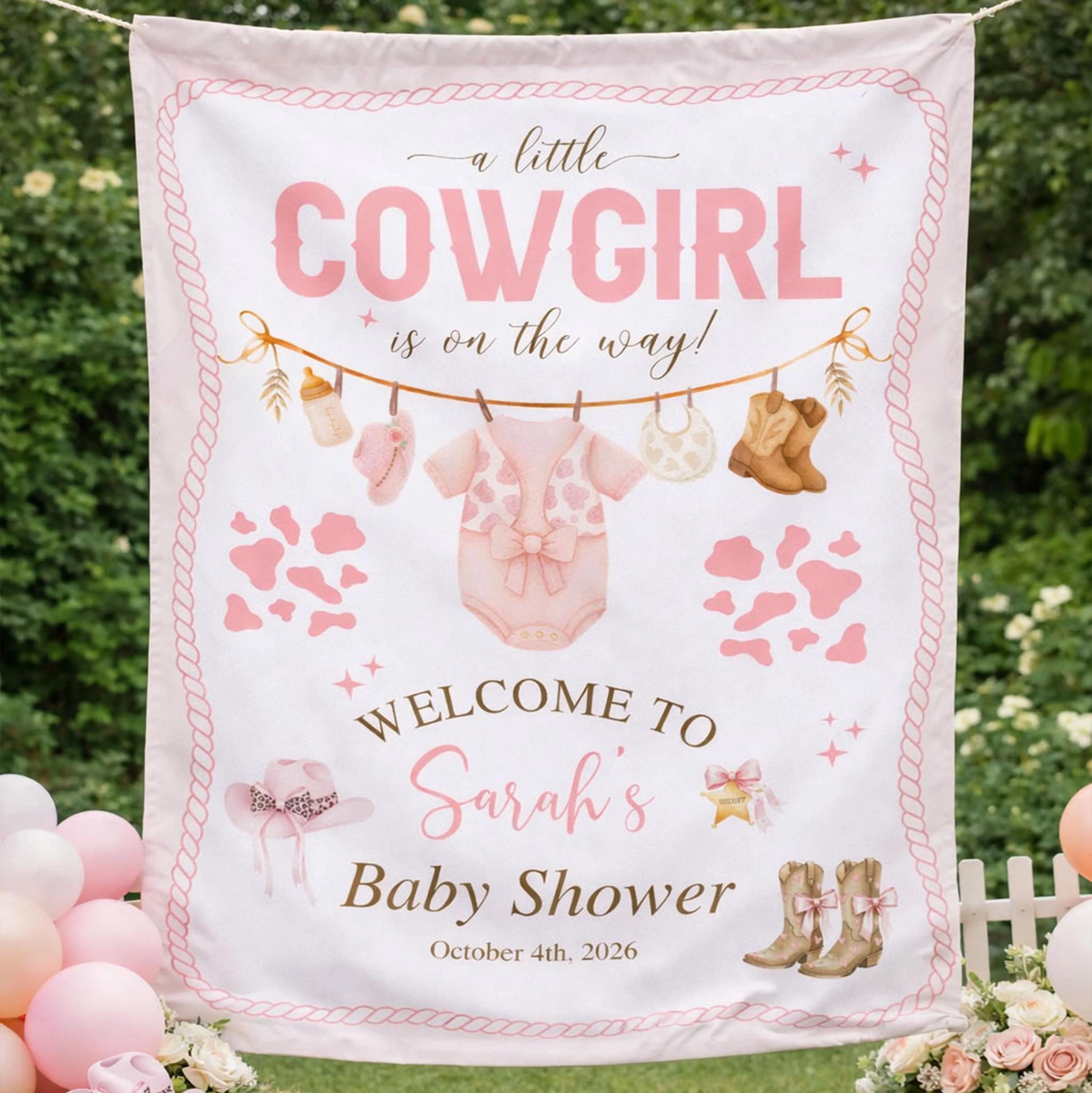 Personalized Baby Shower Silk Banner A Little Cowgirl Is On The Way Pink Western Theme Custom Decoration Girls Party Backdrop Gift
