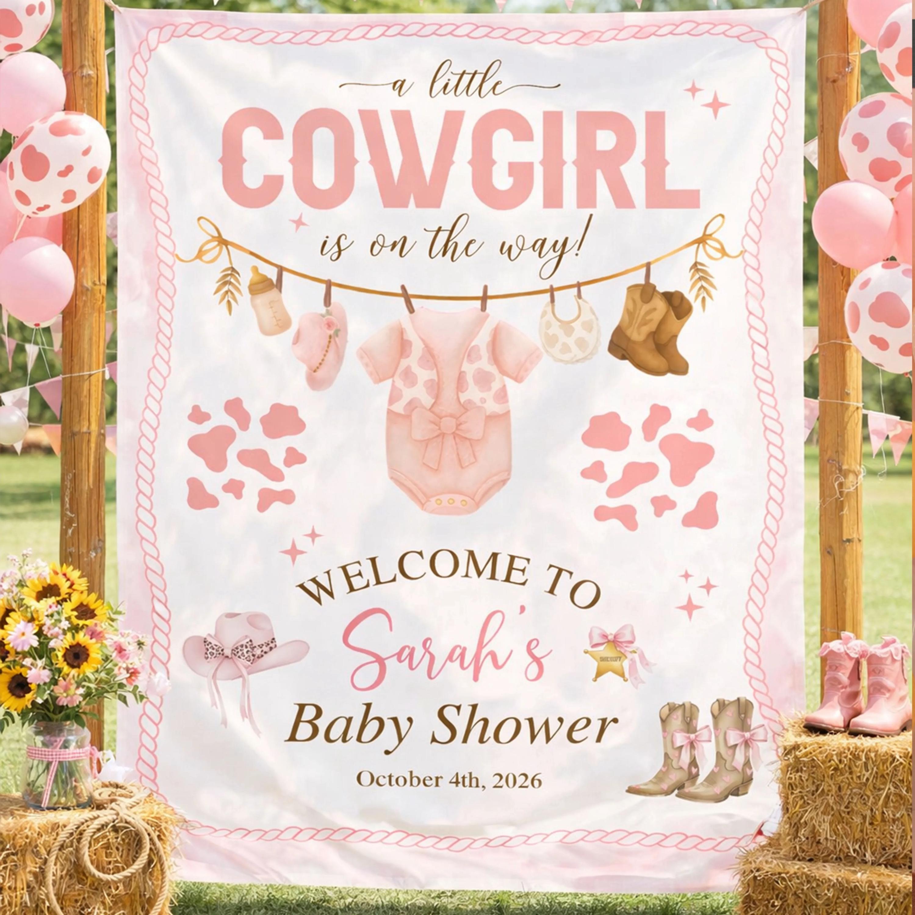 Personalized Baby Shower Silk Banner A Little Cowgirl Is On The Way Pink Western Theme Custom Decoration Girls Party Backdrop Gift