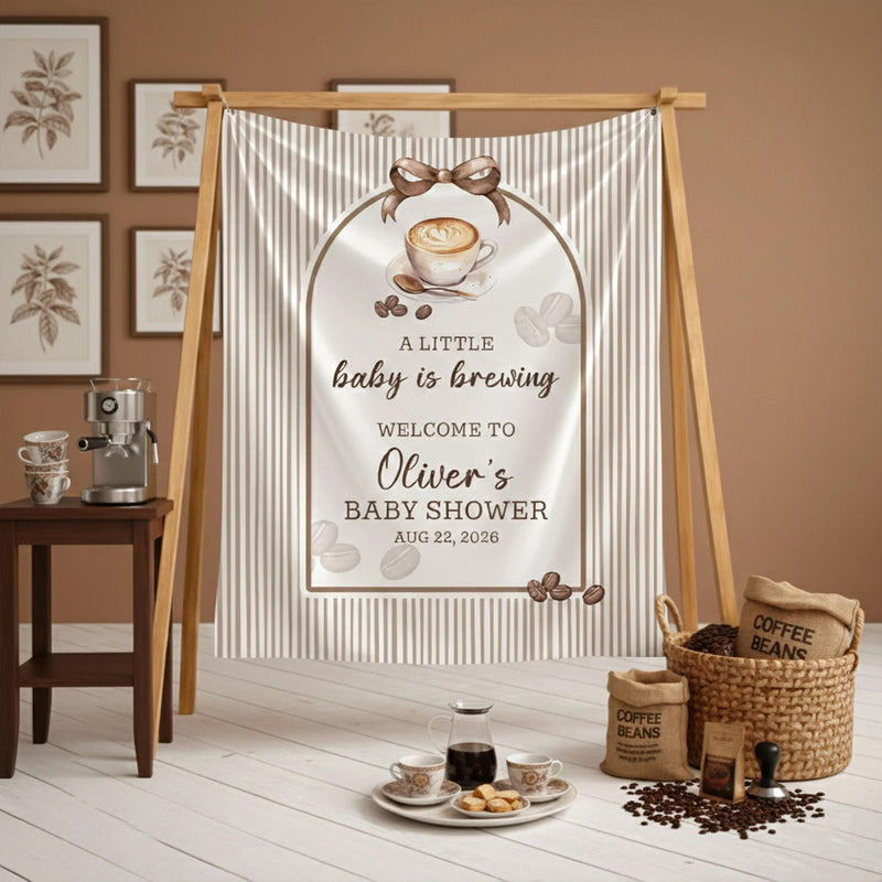 Personalized Baby Shower Welcome Sign Latte Coffee Theme Custom Silk Poster Neutral Pinstripe Design Warm Taupe Brown Party Decor