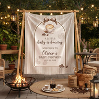 Personalized Baby Shower Welcome Sign Latte Coffee Theme Custom Silk Poster Neutral Pinstripe Design Warm Taupe Brown Party Decor