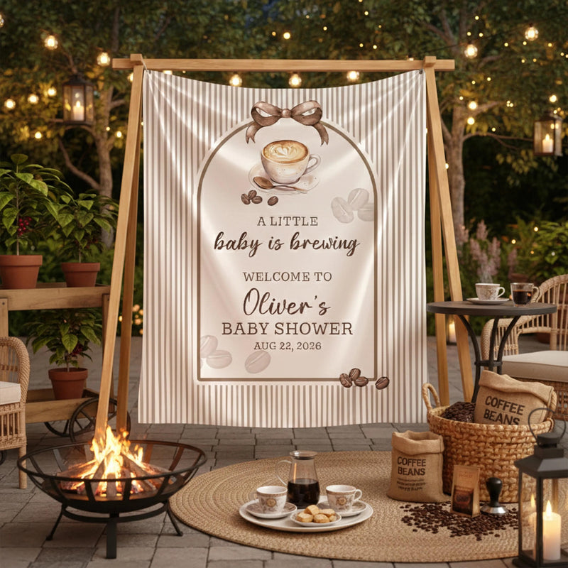 Personalized Baby Shower Welcome Sign Latte Coffee Theme Custom Silk Poster Neutral Pinstripe Design Warm Taupe Brown Party Decor