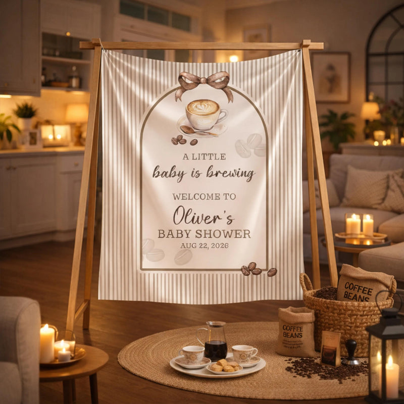 Personalized Baby Shower Welcome Sign Latte Coffee Theme Custom Silk Poster Neutral Pinstripe Design Warm Taupe Brown Party Decor