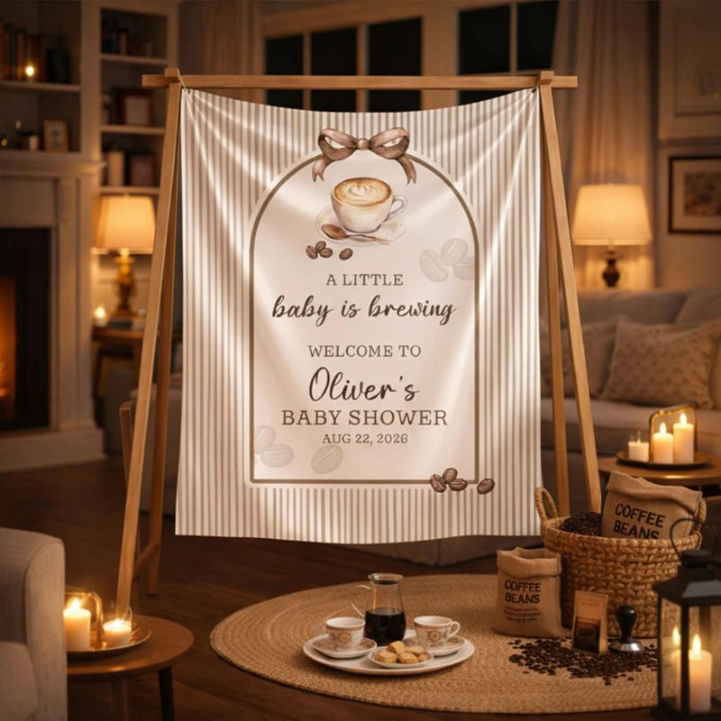 Personalized Baby Shower Welcome Sign Latte Coffee Theme Custom Silk Poster Neutral Pinstripe Design Warm Taupe Brown Party Decor
